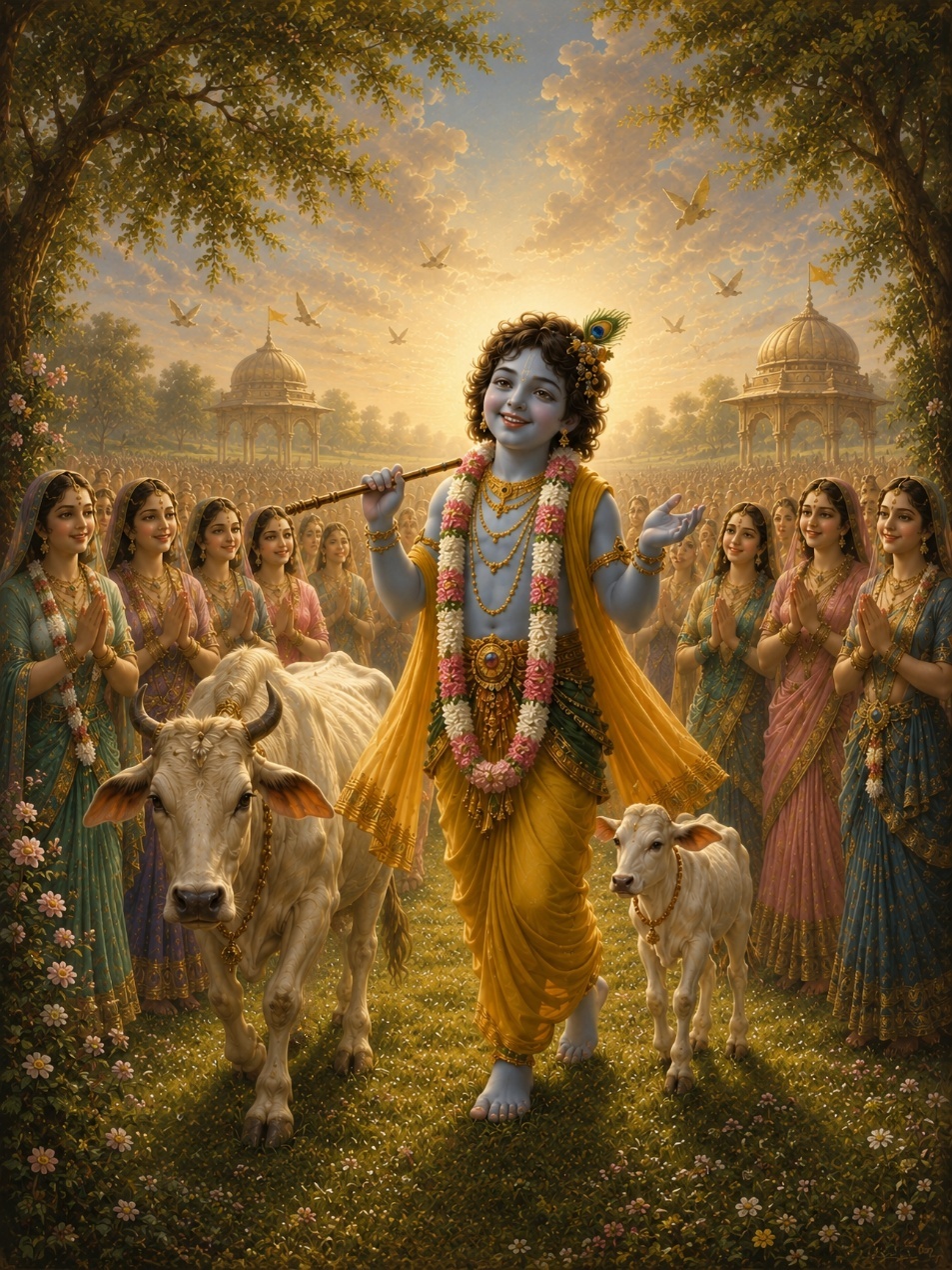 A painting of a child with a flute and cows
AI-generated content may be incorrect.
