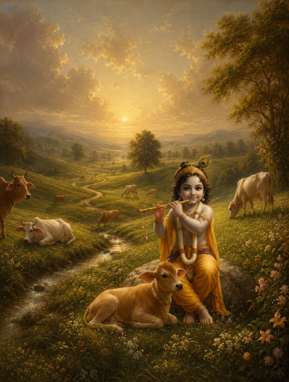 A painting of a child playing a flute in a field with cows
AI-generated content may be incorrect.