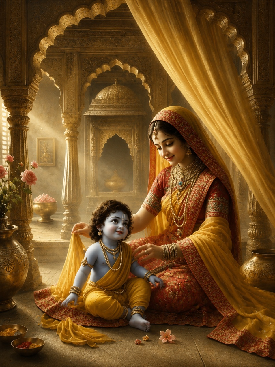 A person in a traditional dress sitting on a child's lap
AI-generated content may be incorrect.