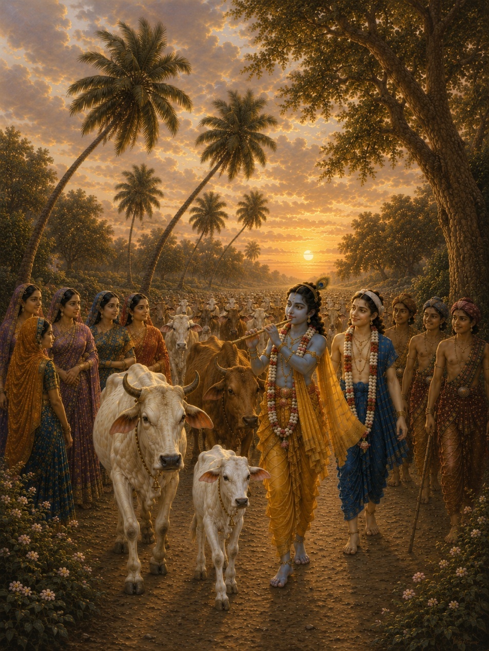 A painting of people walking with cows
AI-generated content may be incorrect.