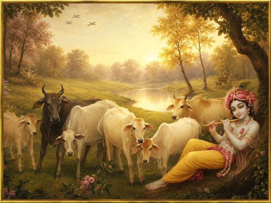 A painting of a person playing a flute with cows
AI-generated content may be incorrect.