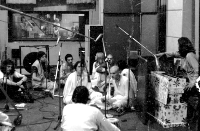 Recording the Hare Krishna mantra with George Harrison at EMI studios in London, 1969